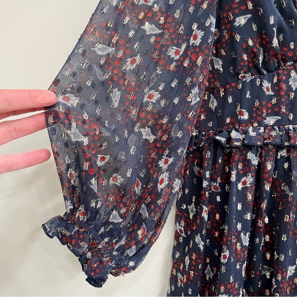 Urban Outfitters Navy Blue Metallic Puff Sleeve Mini Dress Babydoll Size XS - Picture 9 of 15